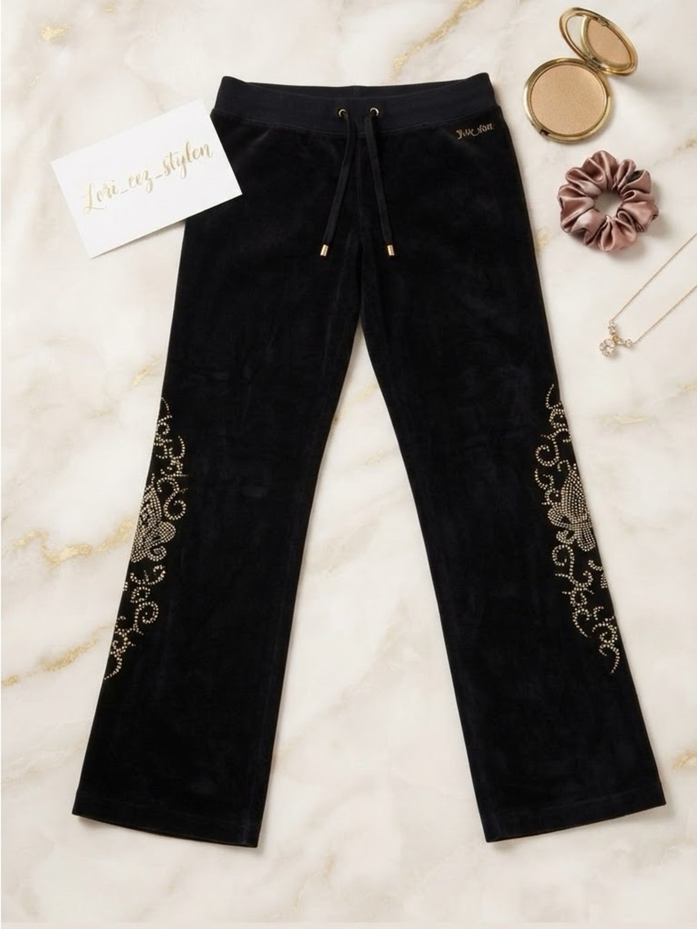 Y2K - BCBGMaxAzria Black Velour Bootcut Pants with Gold Stud Floral Accent